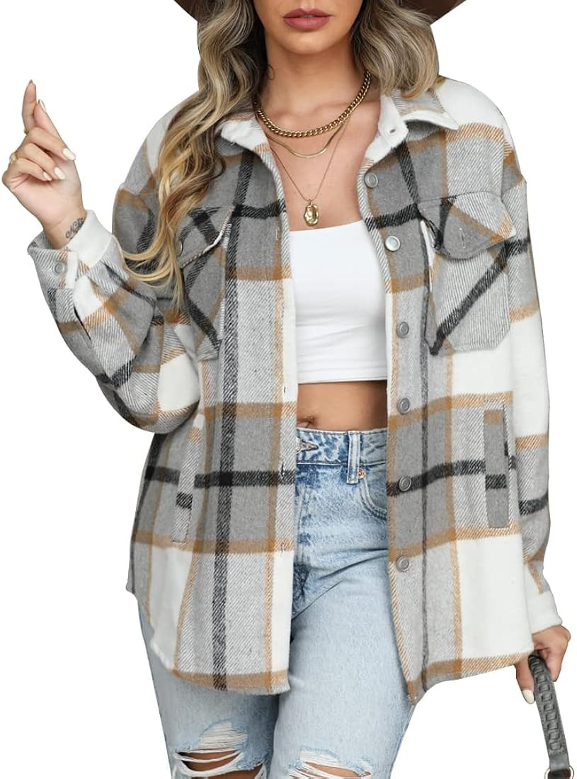 Womens Casual Flannel Wool Blend Plaid Lapel Button Down Long Sleeve Shacket Jacket Coat Winter L... | Amazon (US)
