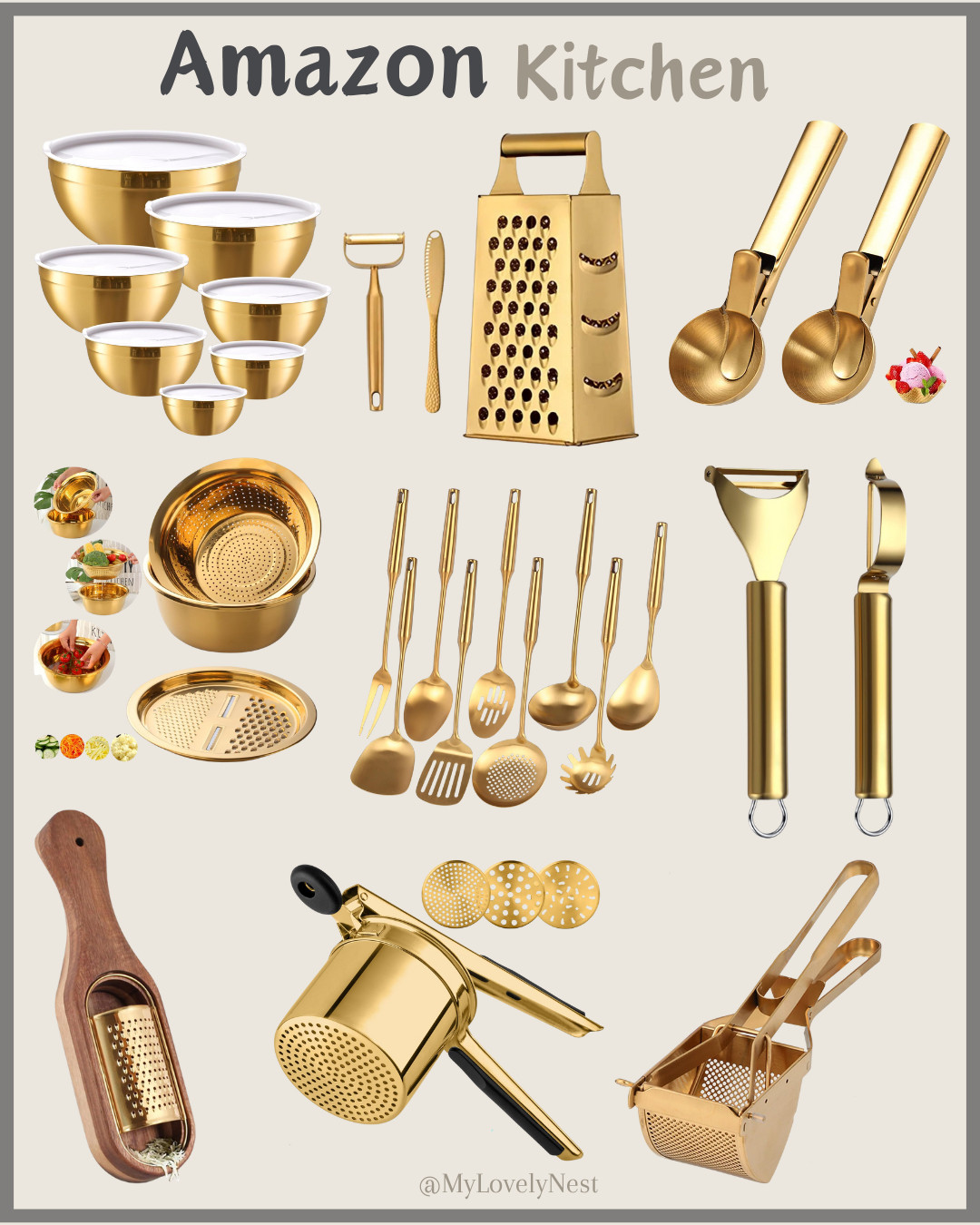Gold Mixing Bowls with Airtight Lids, Stainless Steel Nesting Mixing Bowls Set of 7,Gold Potato Vegetable And Fruit Peelers 4 Sides Box Grater For Kitchen,Stainless Steel Cheese Grater With Handle,Multi-Function Vegetable Slicer Food Shredder For Chees,Ginger,Vegetables,Utensils with Fork, Solid/Slotted Spoon, Spatula, Ladle, Skimmer, Tunner, Pasta Spoon, Large Spoon, Set of 9, 3PC/Set Colander set Stainless Steel Vegetable Slicer Fruit Potato Peeler Carrot Grater Strainer Utensil Round Rice Washer Bowl Drain Basket-Gold, Box Cheese Grater With Container, Stainless Steel Parmesan Cheese Grater With Wood Handle Shredder Zester Grater, Ice Cream Scooper Stainless Steel, Heavy Duty Professional Stainless Steel Potato Masher and Ricer Kitchen Tool,Fruit Press Baby Food Masher, Amazon kitchen, Amzon Home. 

 #LTKHome #LTKFindsUnder50 #LTKFindsUnder100