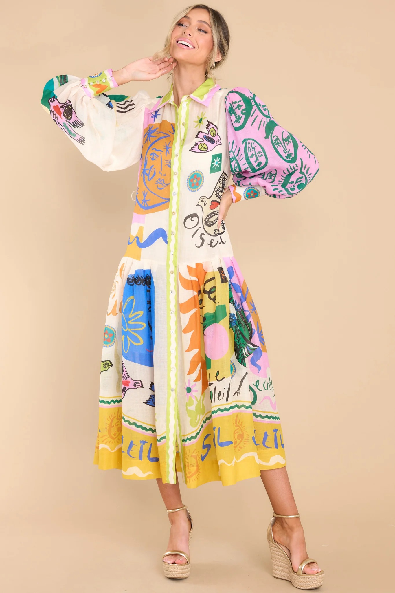 Soleil Light Yellow Patchwork Shirt Dress | Red Dress 