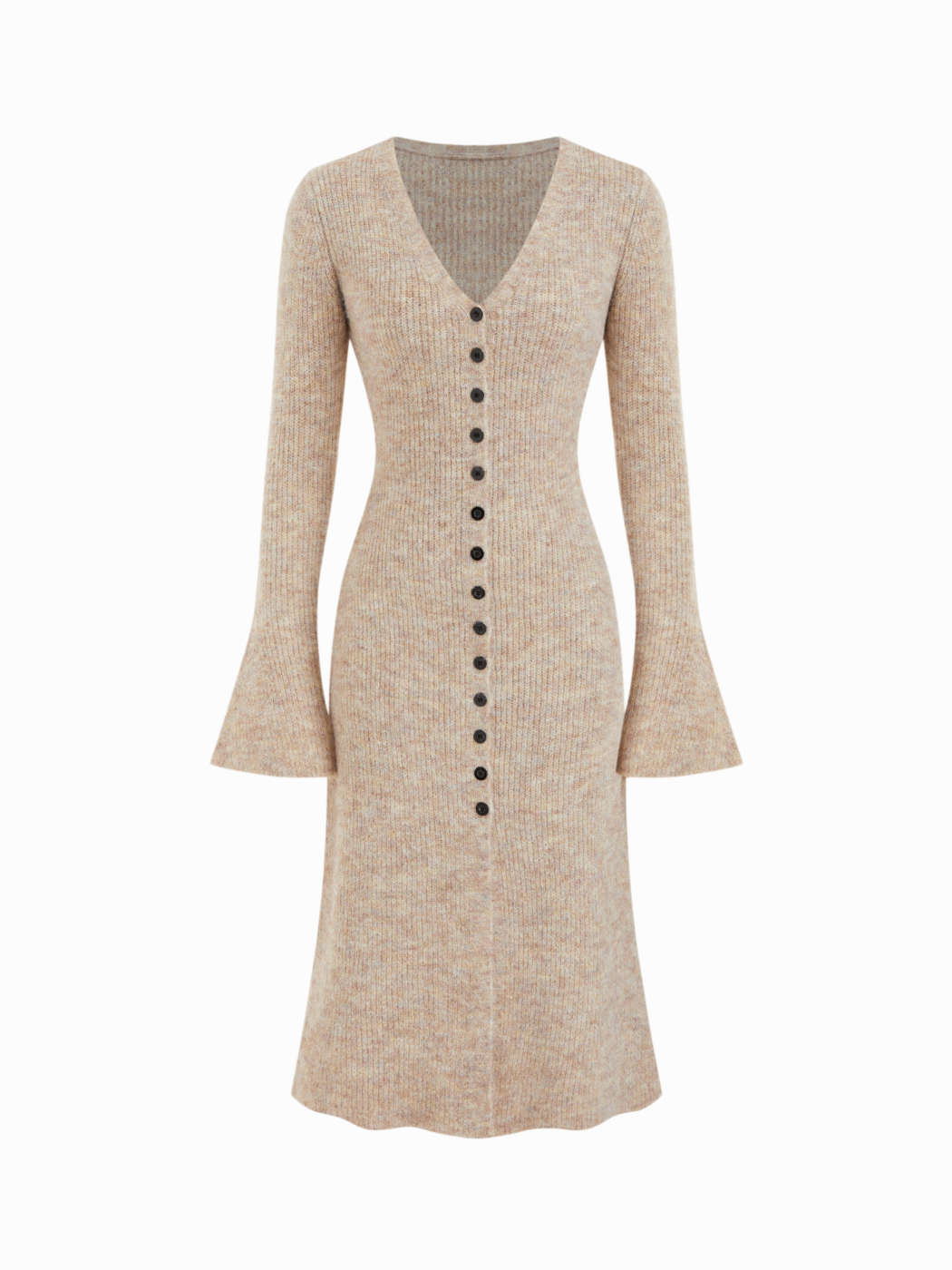 Knit Fabric Knit V-Neck Button Front Bell Sleeve Midi Dress For Daily Casual Work | Cider