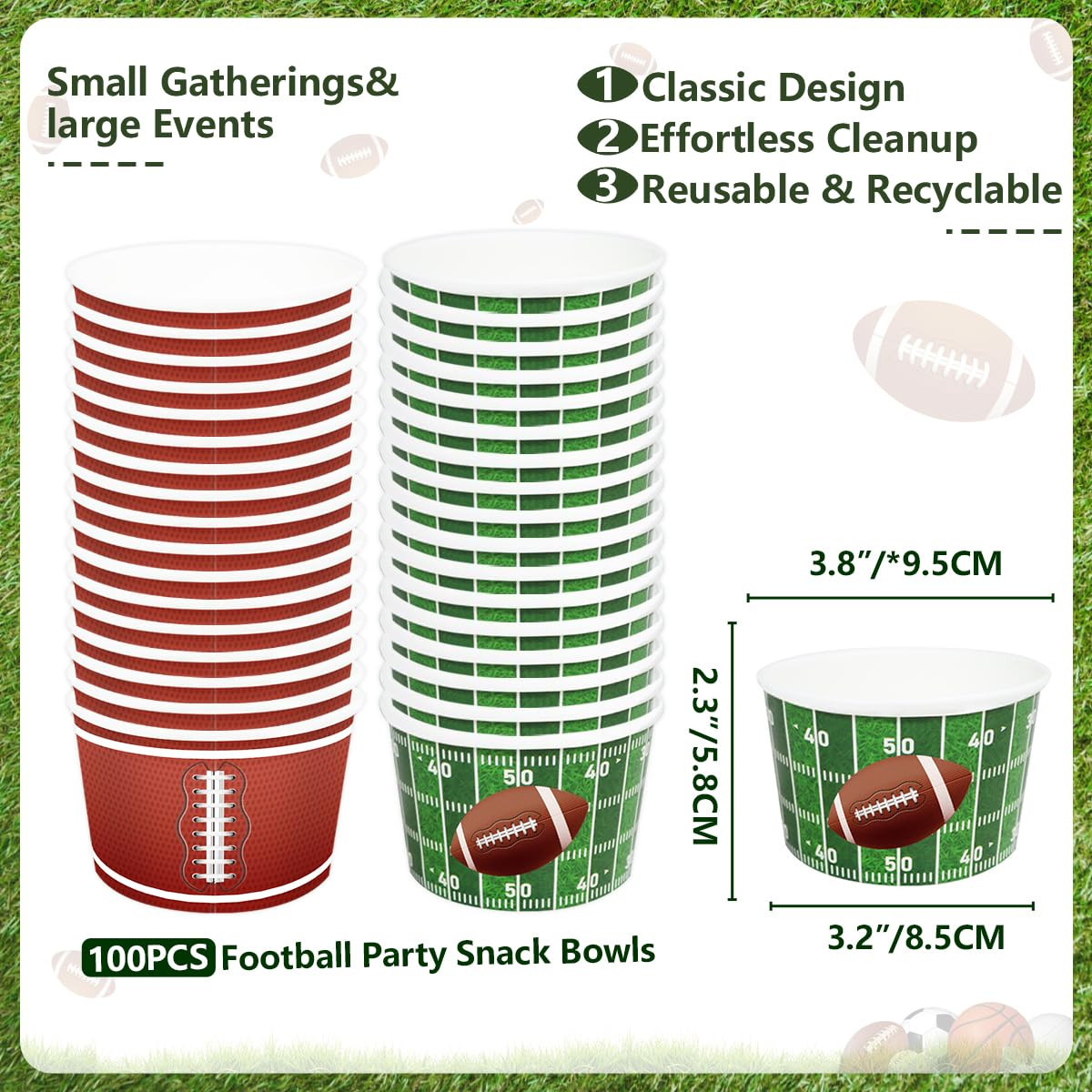 100 PCS Football Party Snack Bowls Supplies 9 oz Green Brown Football Serving Snack Bowls Disposa... | Amazon (US)
