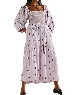 ABYOVRT Women Floral Embroidered Maxi Dress Long Puff Sleeve Square Neck Bohemian Flowy Dress wit... | Amazon (US)