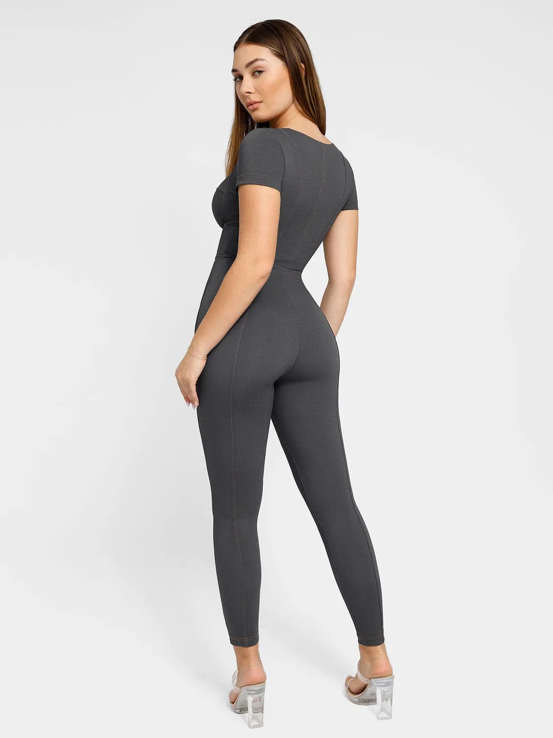 Shapewear Denim Short Sleeve Zip Front Butt Lift Jumpsuit | Popilush
