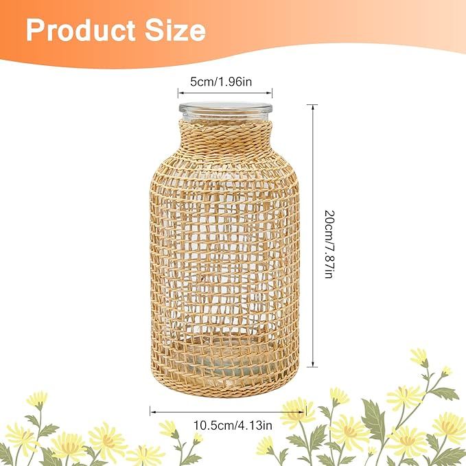 MDEOOSKY Straw Woven Glass Vase 7.87''x1.96''x4.13''Boho Glass Flower Vase Country Rustic Style V... | Amazon (US)