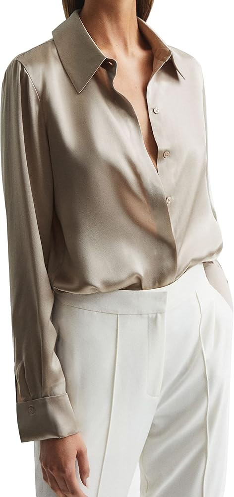 Houmous Womens Satin Silk Button Down Shirts Formal Office Work Wear Shirt for Girl Casual Loose ... | Amazon (US)