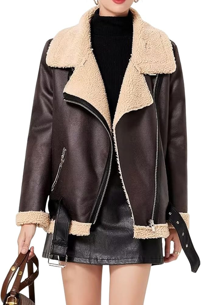 CHARTOU Women Faux Leather Jacket Fur Lined Winter Coat Warm Zip Up Notched Collar Moto Bomber Ja... | Amazon (US)