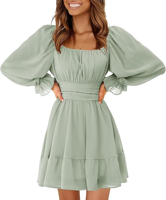 EXLURA Women's 2026 Casual Long Lantern Sleeve Dresses Square Neck Ruffle Tie Back Elastic Waist ... | Amazon (US)