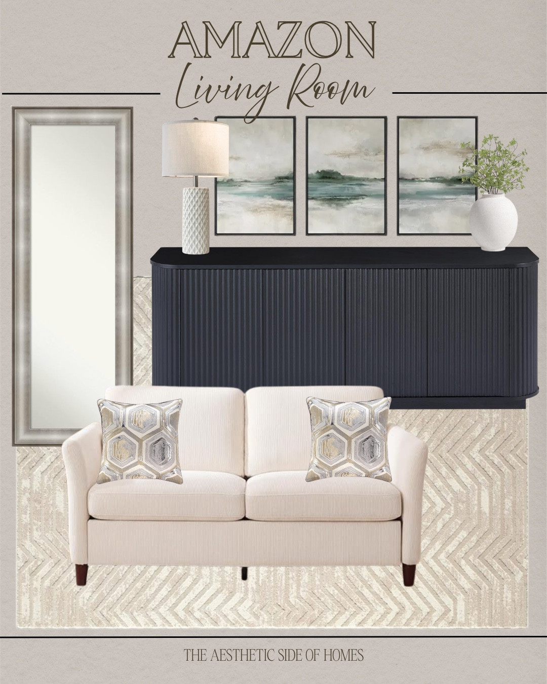 Amazon living room decor includes sofa, buffet, vase, greenery stems, wall art, table lamp, floor mirror, throw pillows, and area rug.

Home decor, styled home, looks for less, neutral home

#LTKHome #LTKSeasonal #LTKvlog