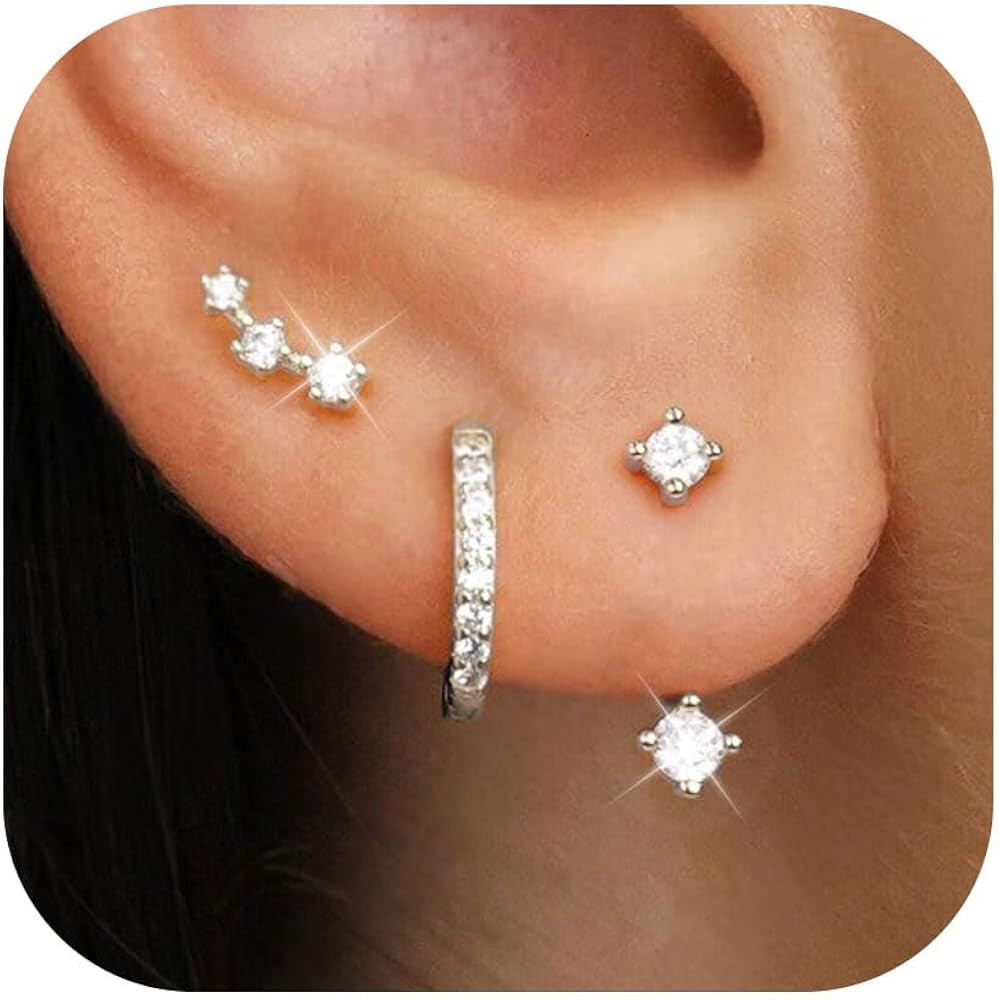 JUNVirtuous 925 Sterling Silver Earrings for Women Hypoallergenic 3 Pair Cubic Zirconia Small Sil... | Amazon (US)