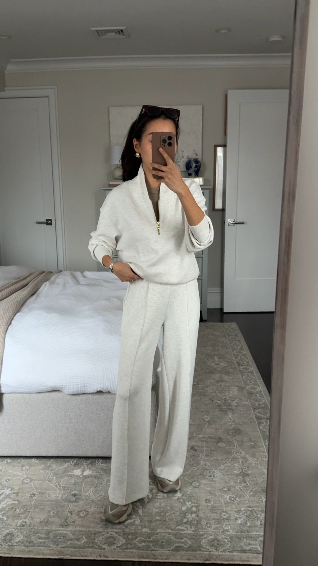 Varley wide leg pants in shorter inseam are finally restocked!

• Varley wide leg pants 28" inseam xxs, sleek, elevated, soft and comfortable

• Varley Davidson woven sweatshirt in ivory marl xxs, double soft material is the best and worth it IMO. 

For another Petite friendly pullover I also like and own the Hawley in navy and brown 

• new balance 9060 sneakers kids size 4, fits like a women’s 5.5/6 these are so comfy! With a chunkier higher sole so my pants don’t drag on the ground

• BP sunglasses

Athleisure outfit, travel outfit, petite friendly

#LTKPetite #LTKTravel #LTKActive