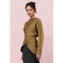 Boat Neck Crisscross Waist Satin Top in Tan | Chicwish