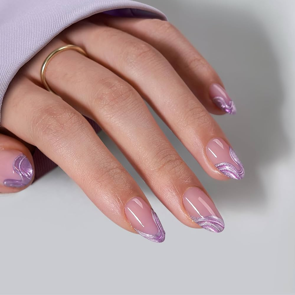 BTArtbox French Tip Press On Nails - Lamp-Curable Chrome Short Almond Press On Nails with Glue fo... | Amazon (US)