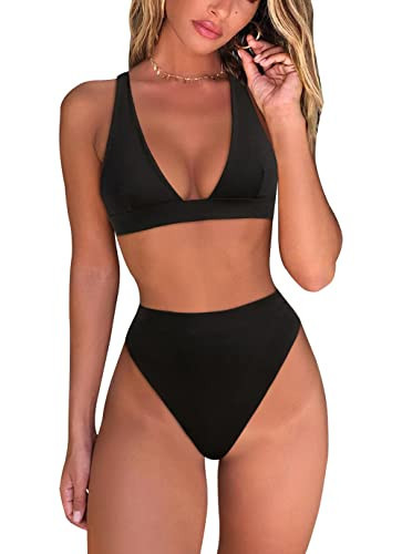 fatty tiger Thong Bottom Swimsuit High Waisted Swimwear for Women Plunge V Neck Bikini Top Back Spaghetti Thong Beachwear Bathing Suit Black M | Amazon (US)