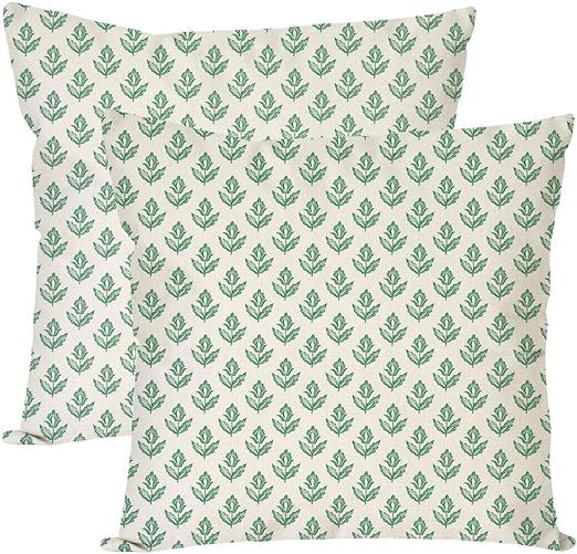 Block Print Throw Pillow Covers 18x18 Inch Set of 2 Vintage Green Floral Boho Outdoor Spring Farm... | Amazon (US)