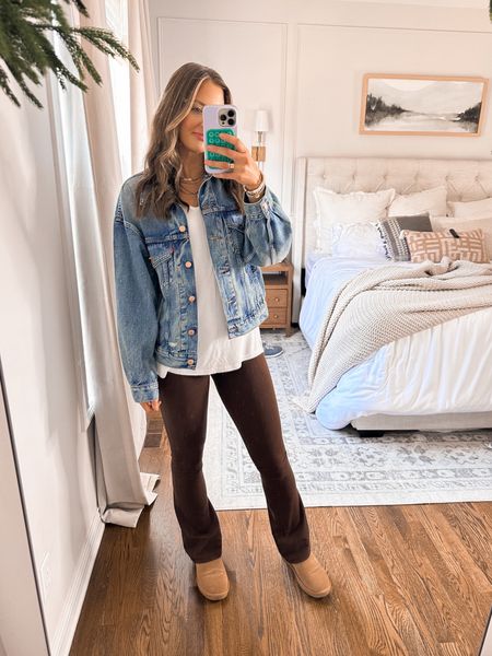 Casual flare leggings denim jacket fall outfit idea! I wore this to my daughter’s dance performance and it was super comfy! The leggings come in length options, I am 5’8 and have the small/long. I sized up to a medium in the Amazon tank and a medium in the denim jacket! 

#LTKfindsunder50 #LTKstyletip #LTKSeasonal