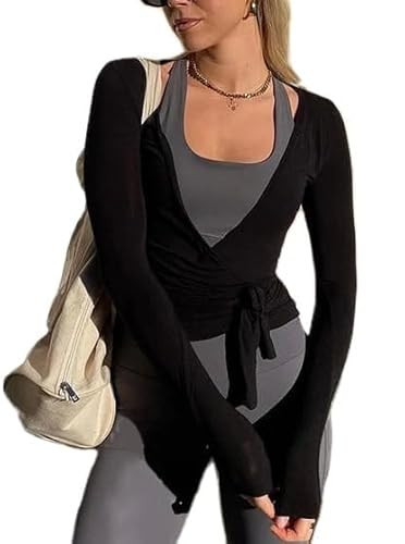 Ballet Wrap Tops for Women Y2k Long Sleeve Pilates Coquette Tops V-Neck Fitted Tie Front Crop Shirts Workout Blouse | Amazon (US)