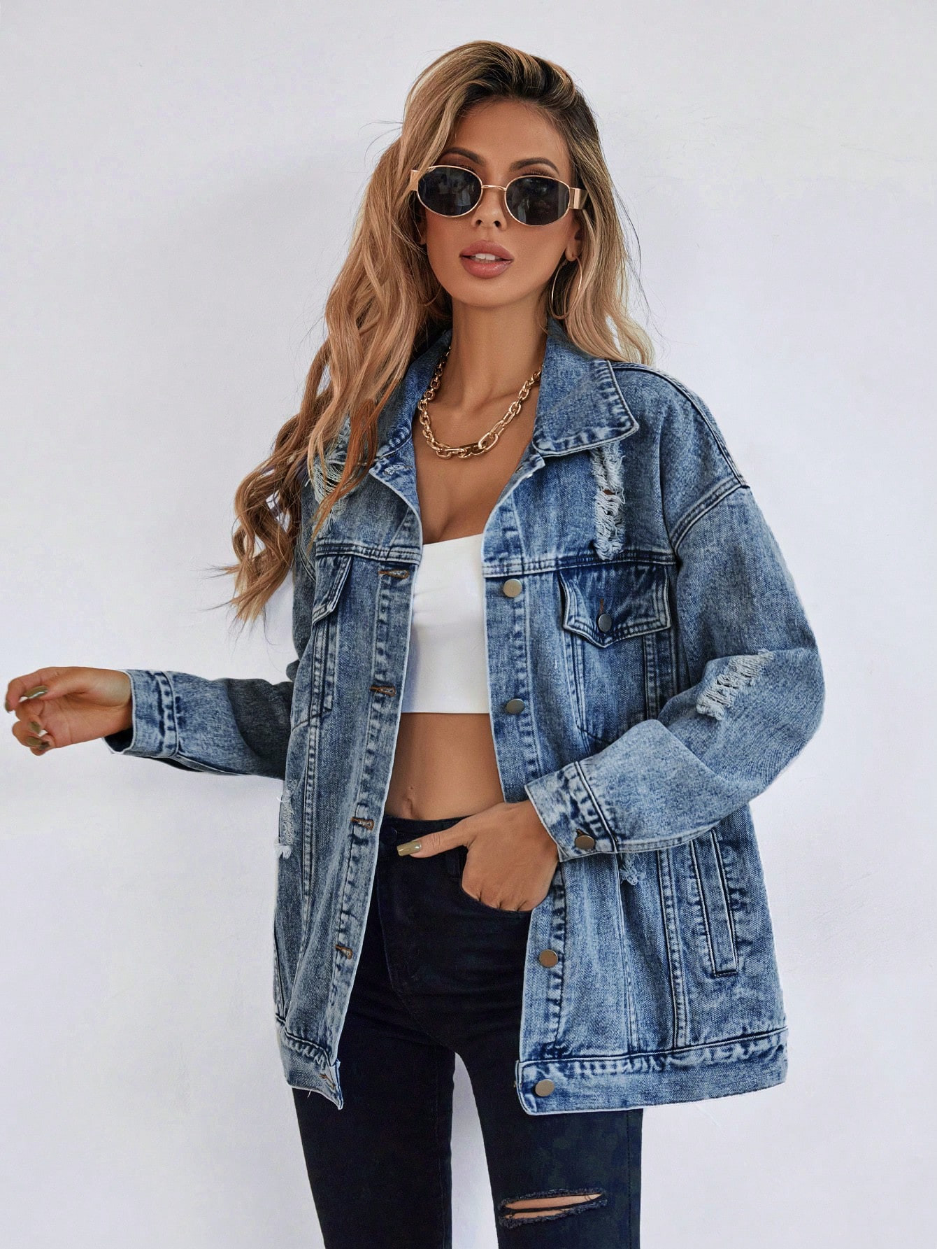 SHEIN Frenchy Ripped Drop Shoulder Denim Coat | SHEIN