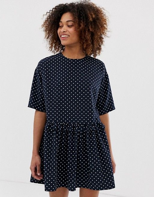 ASOS DESIGN mini smock dress with frill waist in polka dot | ASOS US