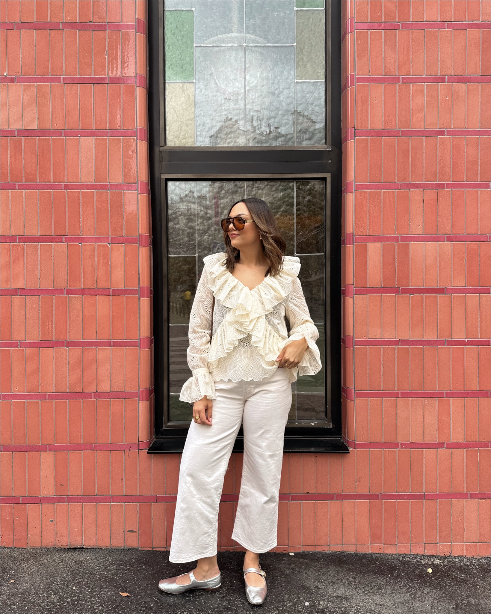 Spring outfit inspiration!

-H&M ruffled long sleeve eyelet blouse. I have a medium. 
-Mother Denim cream cropped straight jeans. I sized down to a size 28, they are quite stretchy. 
-Sam Edelman silver Mary Jane flats. 
-Arket tan single breasted trench coat. I have a medium. 
-Gucci mini horsebit crossbody bag. 
-Brown aviator sunglasses, similar linked. 

Monochrome outfit, cream outfit, spring fashion, spring jeans, cropped jeans, metallic shoes, spring trends  

#LTKshoecrush #LTKstyletip #LTKSeasonal