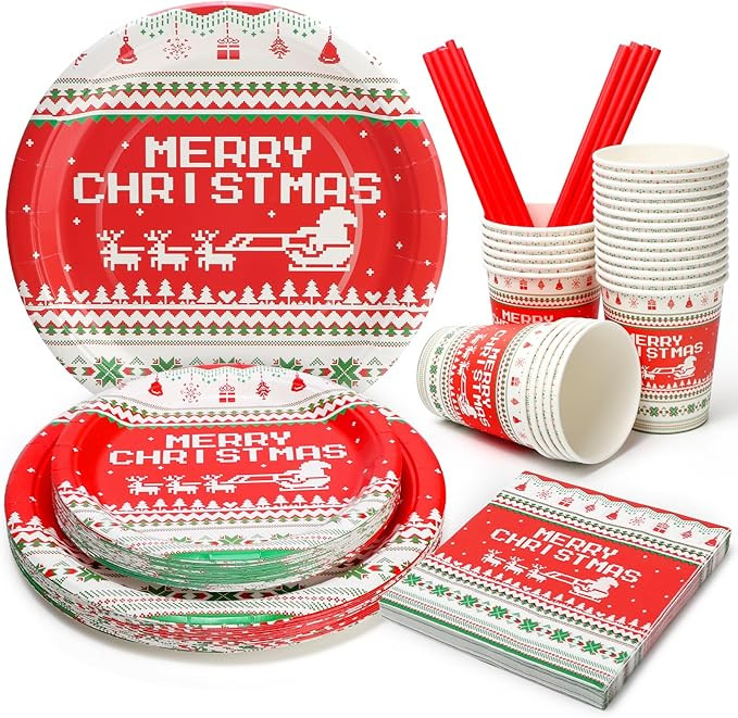 Christmas Paper Plates and Cups Party Supplies, Red Merry Christmas Ugly Sweater Party Paper Plat... | Amazon (US)