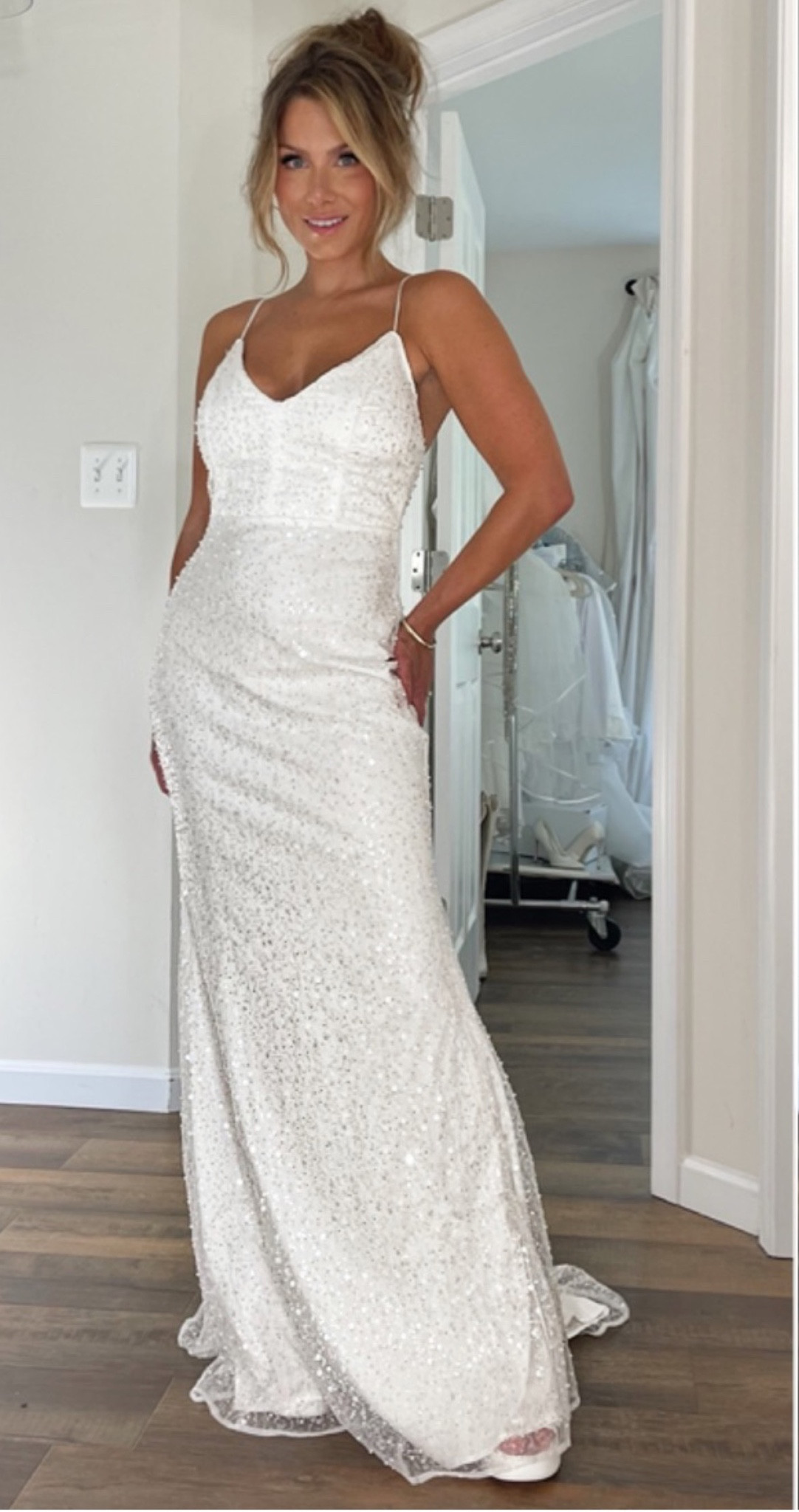 Sequin dress, reception dress, wedding dress, bride, bridal, rhinestone dress, pear dress, embellished dress, sparkle dress, occasion, white gown, white dress, 

#LTKstyletip #LTKwedding #LTKunder100