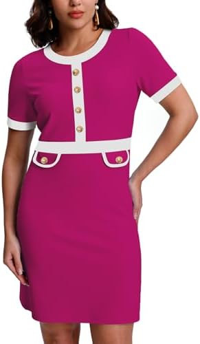 SeSe Code Women's Color Block Modest Work Dress Short Sleeve Business Dresses Button Crew Neck El... | Amazon (US)