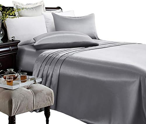 ARTALL Silky Super Soft 4 Piece Deep Pocket Satin Sheet Set, King Size Grey | Amazon (US)