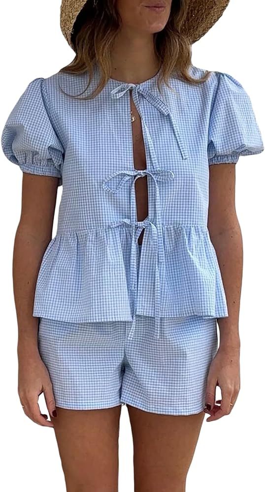 Yuemengxuan Women Y2k Two Piece Plaid Lounge Sets Puff Sleeve Tie front Blouse Top High Waist Sho... | Amazon (US)