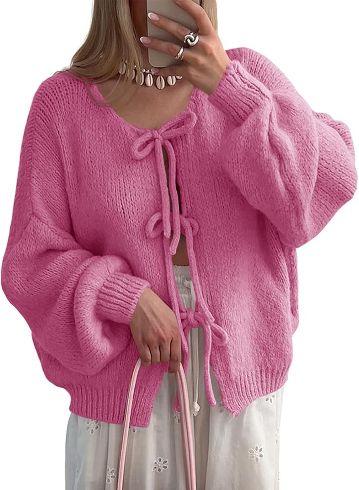 Saodimallsu Womens Tie Front Cardigan Sweaters Cute Bow Puff Long Sleeve 2025 Fall Loose Ribbed K... | Amazon (US)