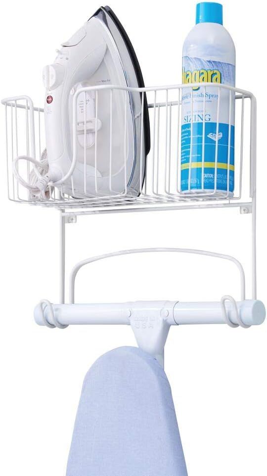 mDesign Metal Wall Mount Ironing Board Holder with Large Storage Basket - Easy Installation, Hold... | Amazon (US)