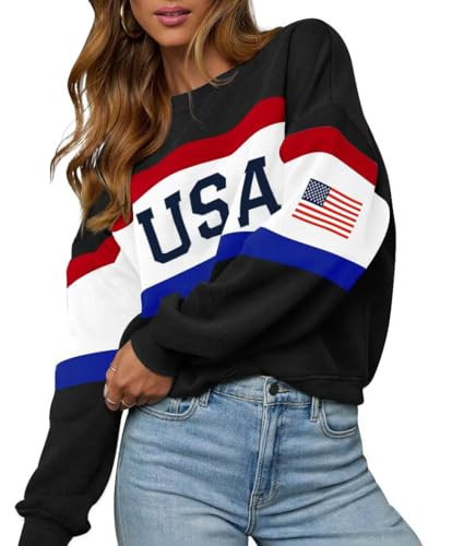LEEDYA Womens Oversized Fleece USA Sweatshirt Winter Trendy Long Sleeve Clothes Pullover Graphic American Crewneck Sweater Black S | Amazon (US)