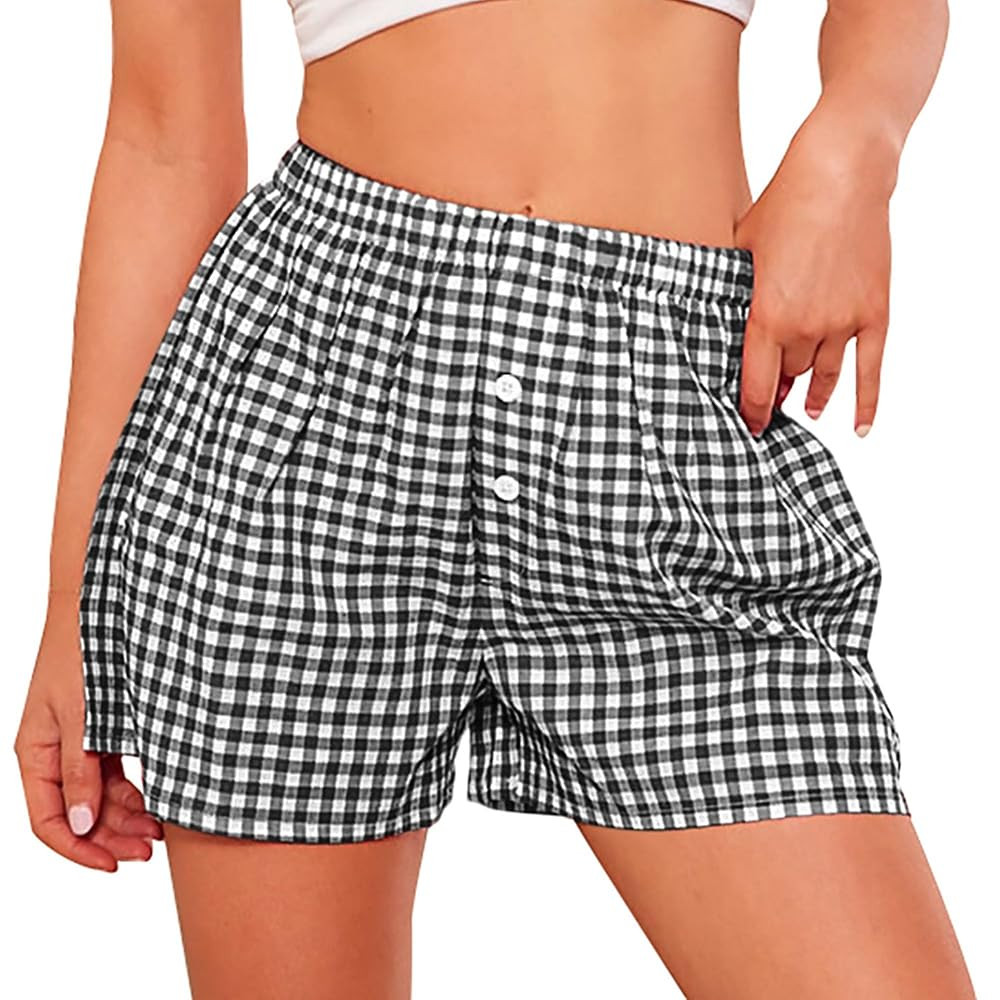 PRETTYGARDEN Womens Shorts Boxers 2025 Summer Gingham Pajama Lounge Sleep Y2K Plaid Pj Shorts Bea... | Amazon (US)