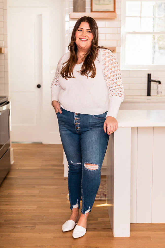 Late Surprise Ivory Crochet Sleeve Sweater | The Pink Lily Boutique