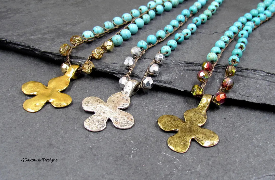 Crochet Bead Hammered Cross Pendant, Turquoise Beads Crochet Boho Chic Cross Pendant Necklace-Cho... | Etsy (US)