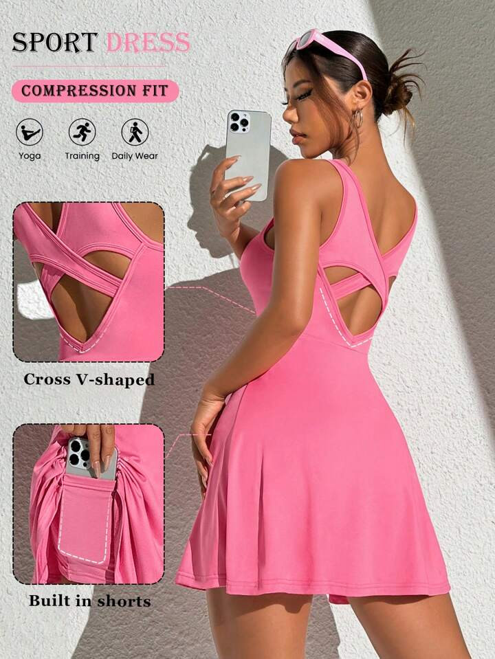 SHEIN Sport Easify Solid Color Strap Backless Sleeveless Yoga Bodycon Dress,Women Tennis Outfit A... | SHEIN