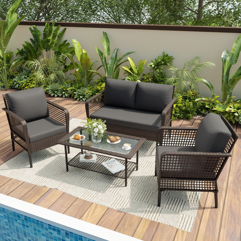 POTEBAN 4-Piece Wicker Outdoor Patio Conversation Set with Coffee Table, Brown Rattan Sofa Set fo... | Walmart (US)