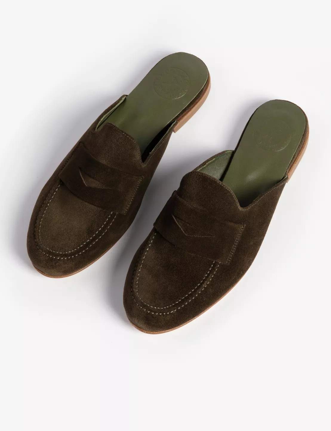 Valentina Suede Backless Loafer - Khaki | Penelope Chilvers