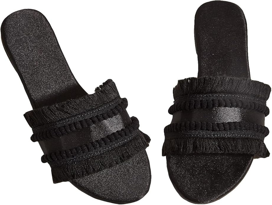 OYOANGLE Women's Fringe Trim Satin Open Toe Flat Slide Sandals Summer Casual Slip on Dressy Sanda... | Amazon (US)