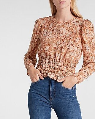 Metallic Floral Puff Sleeve Crew Neck Top | Express