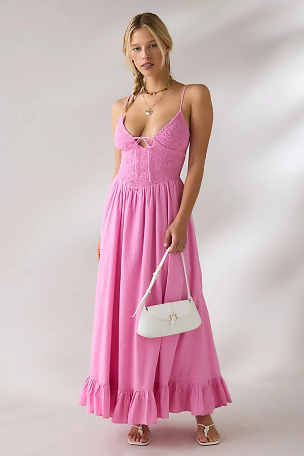 Kimchi Blue Keepsake Tie-Front Smocked Cotton Maxi Dress in Pink, Women's at Urban Outfitters | Urban Outfitters (US and RoW)