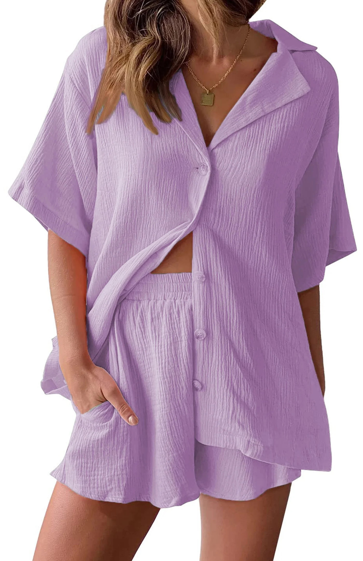 Fantaslook 2 Piece Lounge Sets for Women Button Down Shirts and Shorts Casual Set Short Sleeve Su... | Walmart (US)