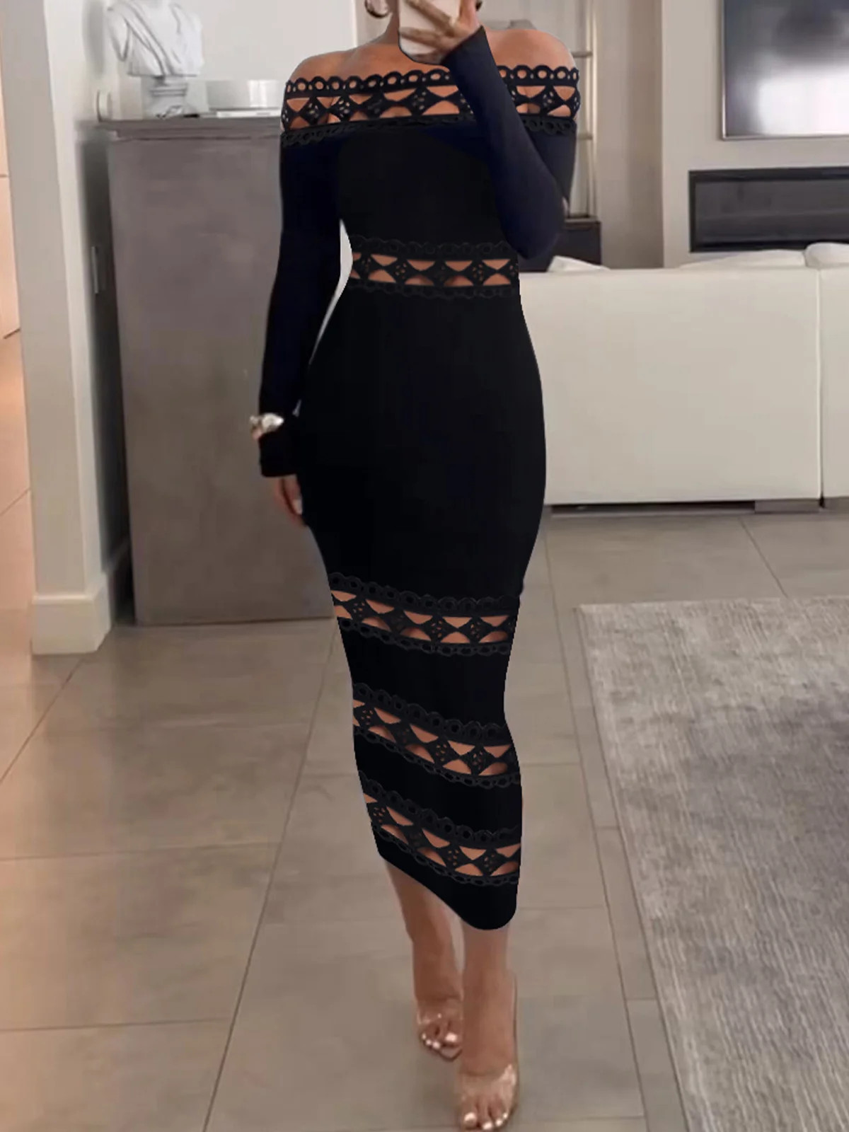 Elegant Plain Regular Fit Long Sleeve Lace Edge Dress | Stylewe