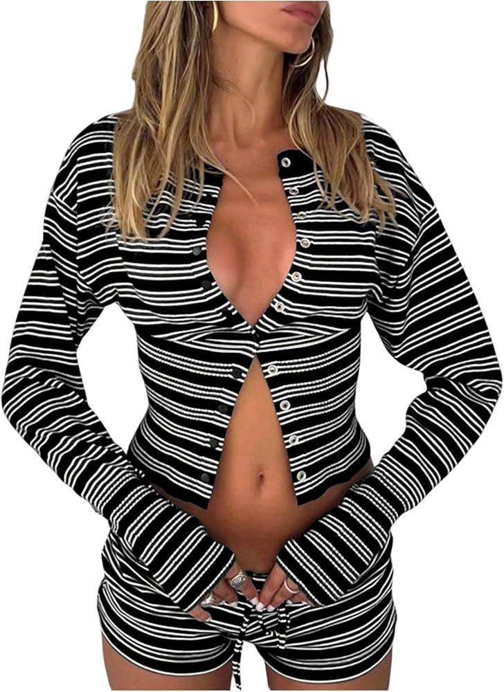 SOLY HUX Women's 2 Piece Outfits Striped Long Sleeve Cardigan Tops and Mini Shorts Matching Set | Amazon (US)