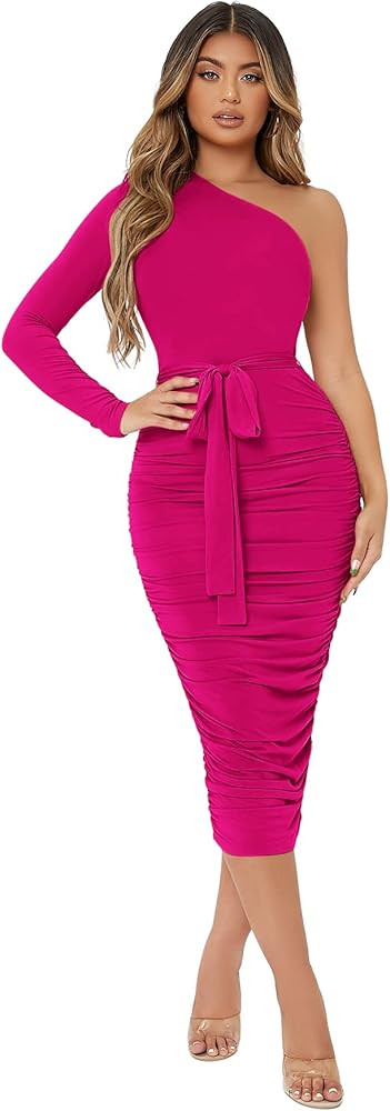 Floerns Women's One Shoulder Long Sleeve Ruched Party Bodycon Long Dress | Amazon (US)