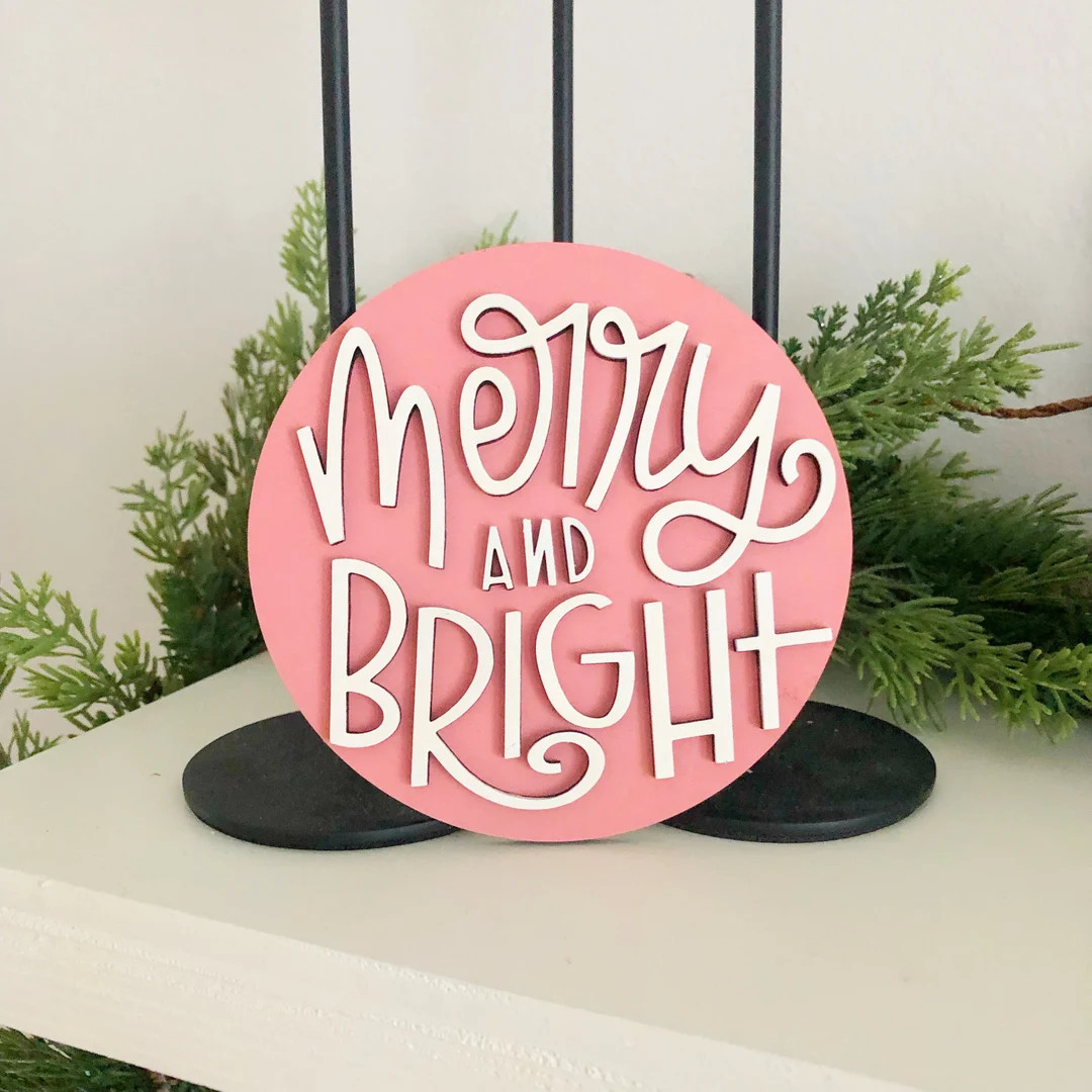 Merry and Bright sign, tiered tray Christmas theme, pink Christmas, blush Christmas | Etsy (US)