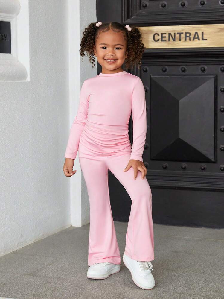 SHEIN SLAYR Young Girl Young Girl Casual Basic Cute Pink Long Sleeve Top And High Waist Pleated F... | SHEIN