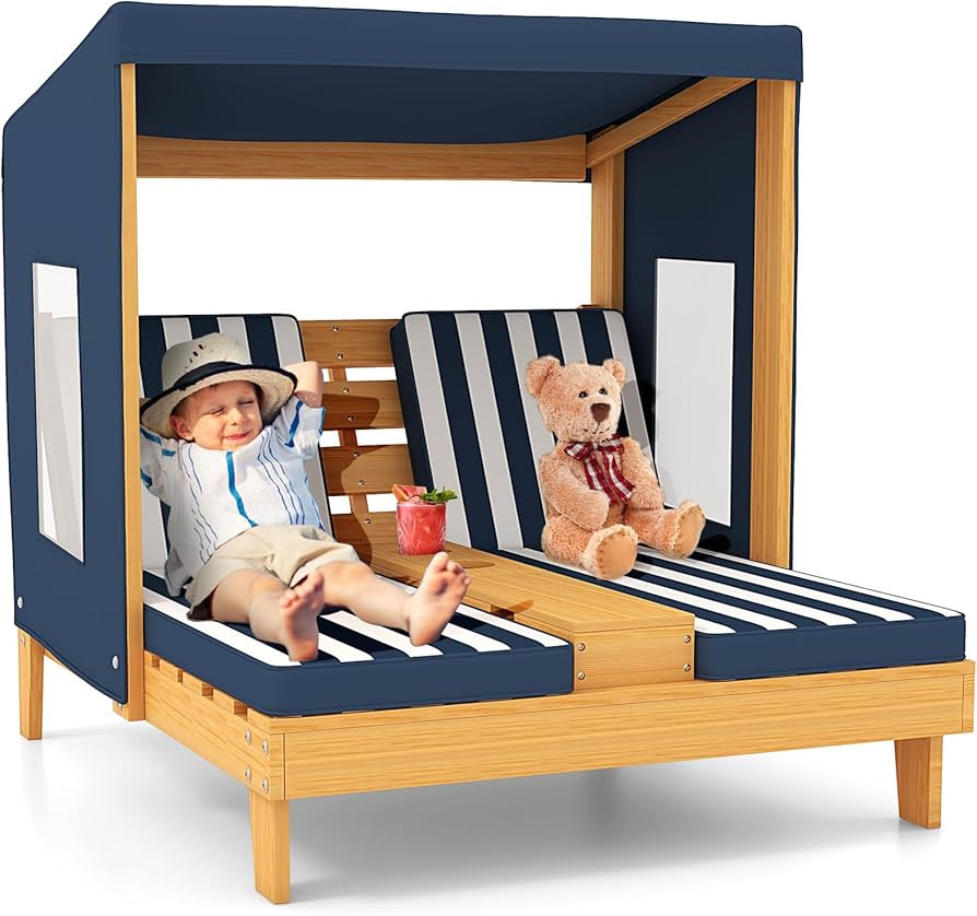 Costzon Kids Lounge Chair Outdoor, Wood Double Seat Chaise Lounge with Canopy, Cup Holders, Cushi... | Amazon (US)