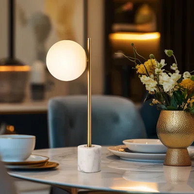 20.3’’ Modern Minimalist Table Lamp with Marble Stone Base and Moon Glass Shade, E26 Bulb Compatible – Ideal for Bedroom, Living Room, or Office | Wayfair North America