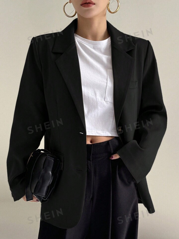 DAZY Women's Notched Collar Solid Color Wide Shoulder Loose Fit Pocket Blazer, Suitable For Daily... | SHEIN