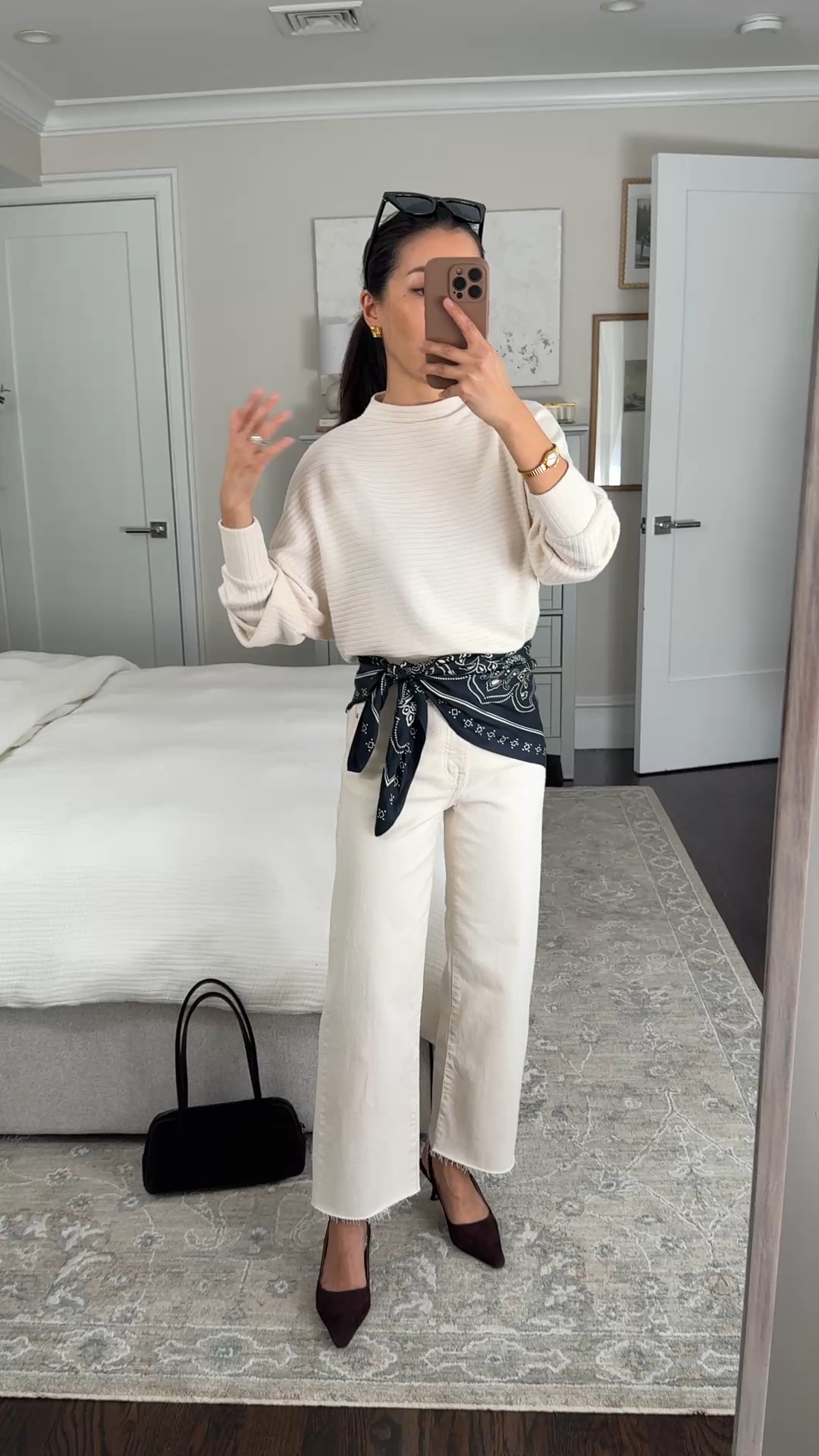 Rare Madewell sitewide sale! The anti fray “glue” I apply to the end of my raw hem jeans also linked. 

• cozy soft mock neck Top xxs, I’ve had this for a while and I wash it machine cold inside out in a mesh bag and air dry just like my sweaters 

• Perfect Vintage Wide-Leg Crop Jean 24 short in Vintage Canvas (has a tad higher rise than 24 petite)

• Medium Silk Bandana in classic navy 

• Top zip suede shoulder bag 

Petite friendly outfit, easy mom style, white jean outfit#LTKSpringSale
